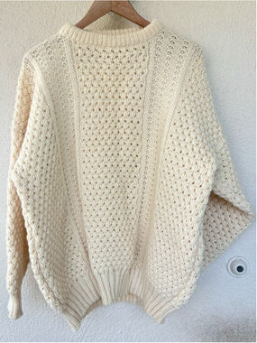 DONEGAL II Original Irish Handknit Cable Knit 100% Wool Mens Sweater XL Cream